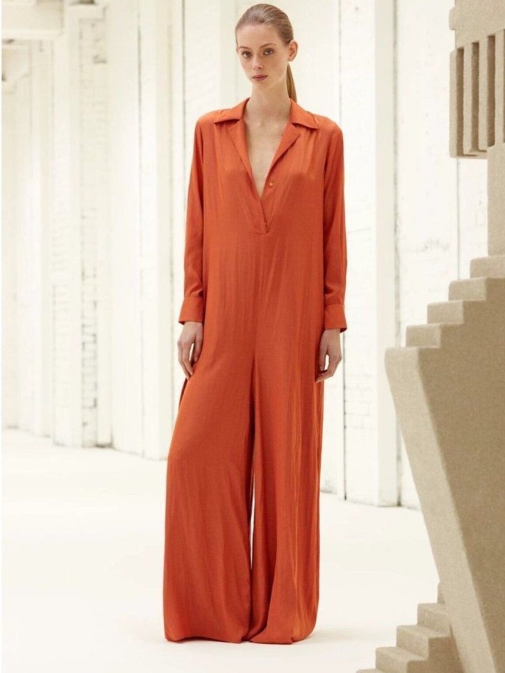 NWT RARE Babaton 1-01 Theodora Wide Leg Satin Orange Jumpsuit Flowy